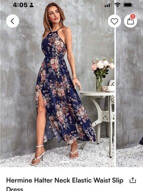 Cupshe Navy Floral Halter Maxi Dress with Side Slits